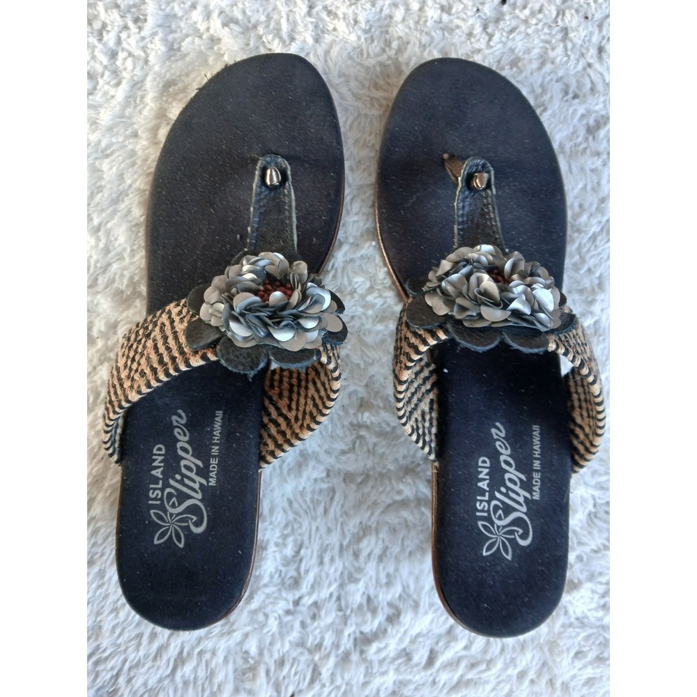 Island Slipper Women's Wedge  Sandals Sequin Flower Applique Sz 9 Made In Hawaii
